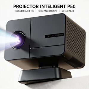 Videoproiector portabil, HEAXEHNO™, P50, 1000ANSI, suporta 8K, 1080P, Android 14, Wi-Fi 6, BT 5.0, cu focalizare automata, conexiune HDMI, USB si Mirroring Android/IOS, Negru