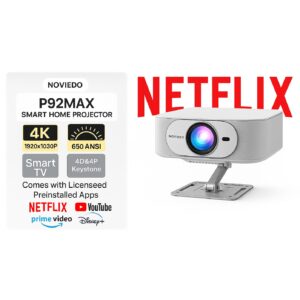 Videoproiector Smart LED Portabil MAX Premium, 4K UltraHD, Android13, Autofocus, Difuzor 8W, 650 Ansi, 30000 Lumeni, Licenta Oficiala Netflix, Wi-Fi6 Dual Band, Bluetooth 5.5, Proiectie Ajustabila, HDMI, USB, Mirroring Android/ IOS, 1 GB RAM, 8 GB me